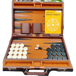 Vintage Backgammon Claps Locks Brown Briefcase Black & Cream / White 15 x 10"